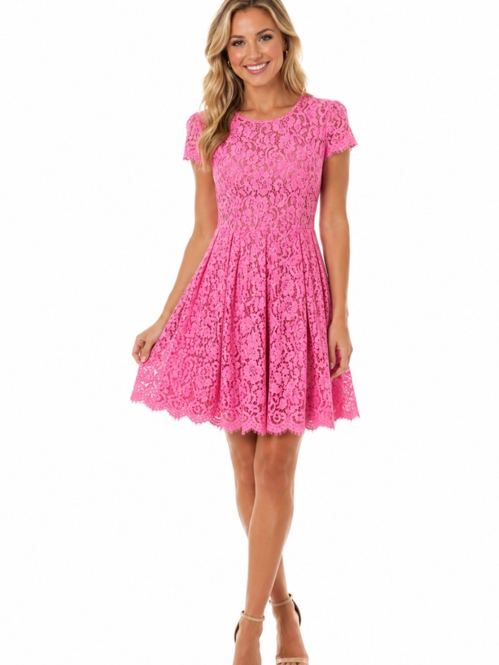 H&M Pink Lace Fit & Flare Cap Sleeve Dress 12 NWOT